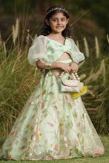 Shop FAYON KIDS Green Organza, Net Embroidery Lehenga And Choli Set at Aza Fashions Shop_FAYON KIDS_Green Organza, Net Embroidery Lehenga And Choli Set _at_Aza_Fashions