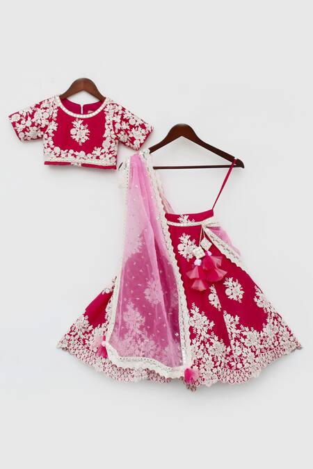 Fayon Kids_Pink Silk, Organza Embroidery Floral Lehenga Set _Online_at_Aza_Fashions