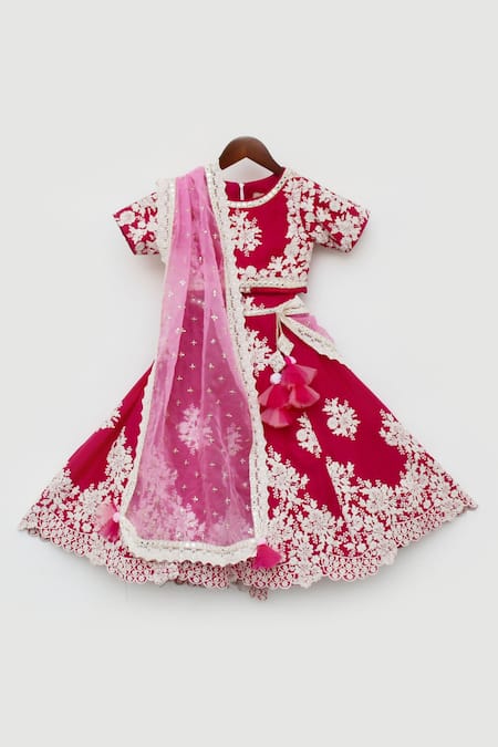 Buy_Fayon Kids_Pink Silk, Organza Embroidery Floral Lehenga Set _Online_at_Aza_Fashions