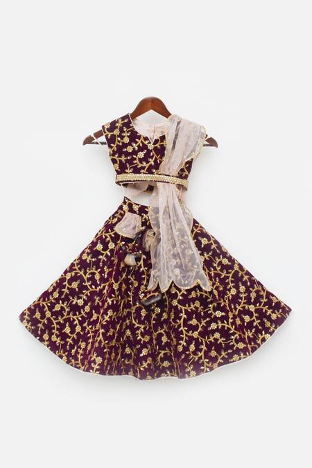 Fayon Kids_Purple Velvet, Organza Embroidery, Sequins Lehenga Set _Online_at_Aza_Fashions