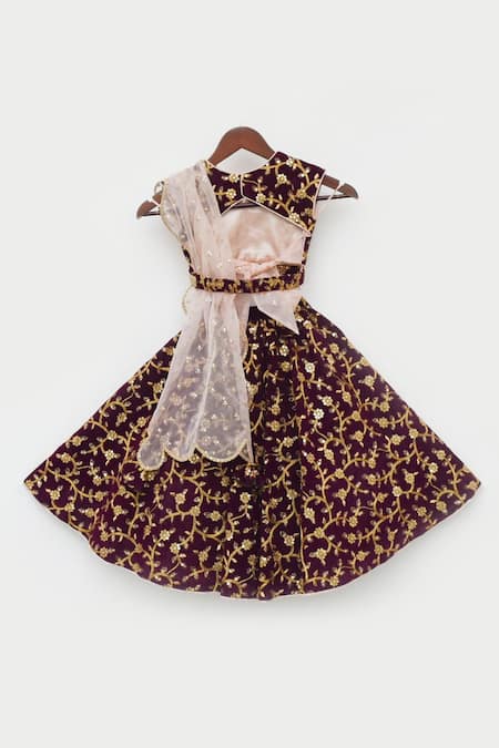 Buy_Fayon Kids_Purple Velvet, Organza Embroidery, Sequins Lehenga Set _Online_at_Aza_Fashions