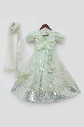 FAYON KIDS Green Net Sequins Embroidered Lehenga Set Online at Aza Fashions FAYON KIDS_Green Net Sequins Embroidered Lehenga Set _Online_at_Aza_Fashions