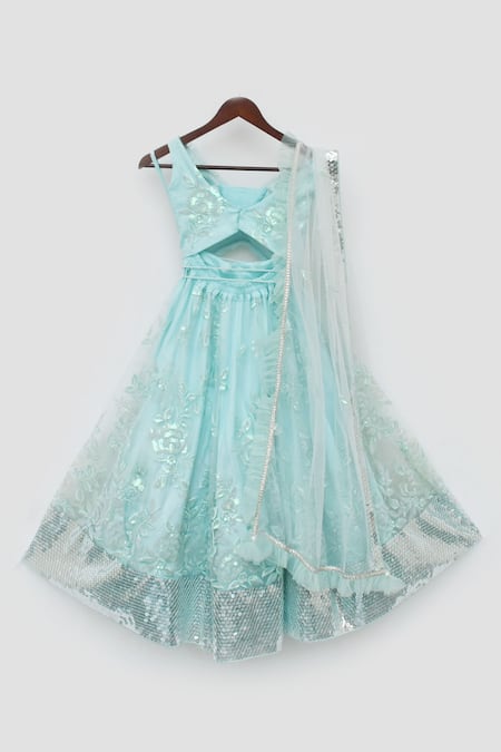 Fayon Kids_Blue Net Sequins Embroidered Lehenga Set _at_Aza_Fashions