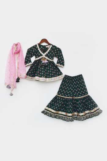 FAYON KIDS_Green Cotton, Net Lace, Sequins Floral Print Kurta Sharara Set _Online_at_Aza_Fashions