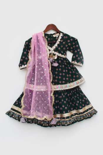 Buy_FAYON KIDS_Green Cotton, Net Lace, Sequins Floral Print Kurta Sharara Set _Online_at_Aza_Fashions