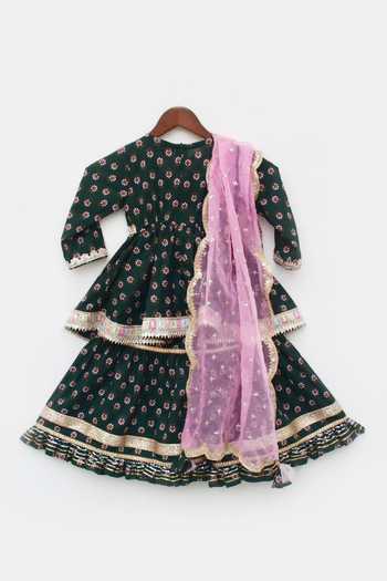Shop_FAYON KIDS_Green Cotton, Net Lace, Sequins Floral Print Kurta Sharara Set _Online_at_Aza_Fashions