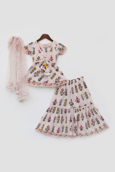 Fayon Kids_Peach Cotton, Net Lace, Sequins Floral Print Kurta Sharara Set _Online_at_Aza_Fashions