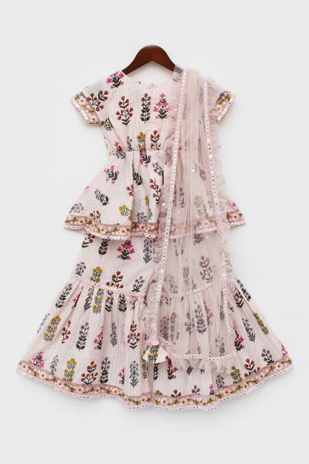 Shop_Fayon Kids_Peach Cotton, Net Lace, Sequins Floral Print Kurta Sharara Set _Online_at_Aza_Fashions