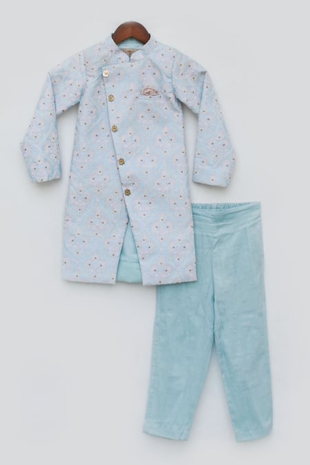 Fayon Kids_Blue Silk Embroidery Achkan Set _Online_at_Aza_Fashions