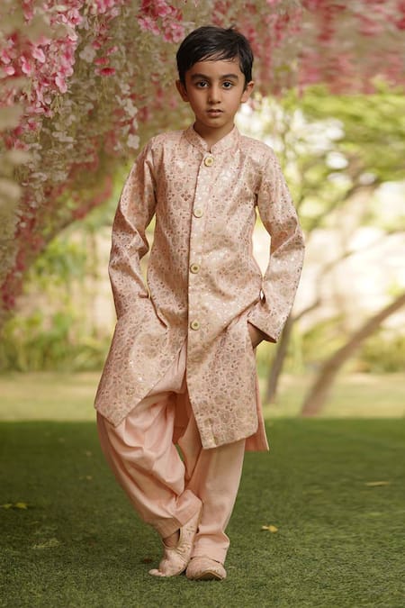 FAYON KIDS Peach Silk Embroidered Achkan Set 