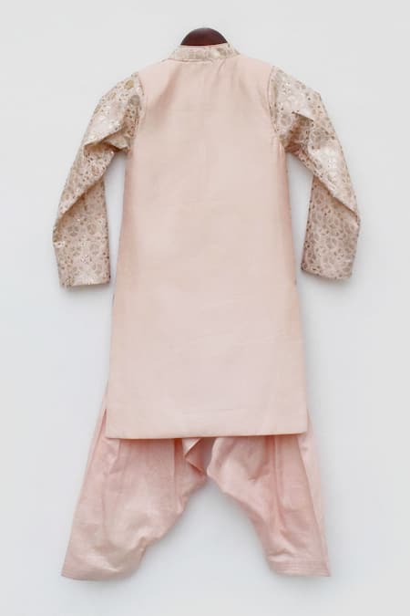 Shop_Fayon Kids_Peach Silk Embroidery Achkan Set _at_Aza_Fashions