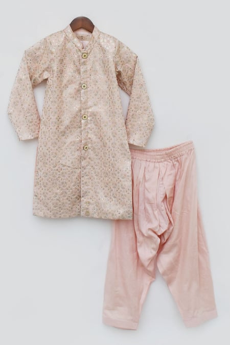Fayon Kids_Peach Silk Embroidery Achkan Set _Online_at_Aza_Fashions