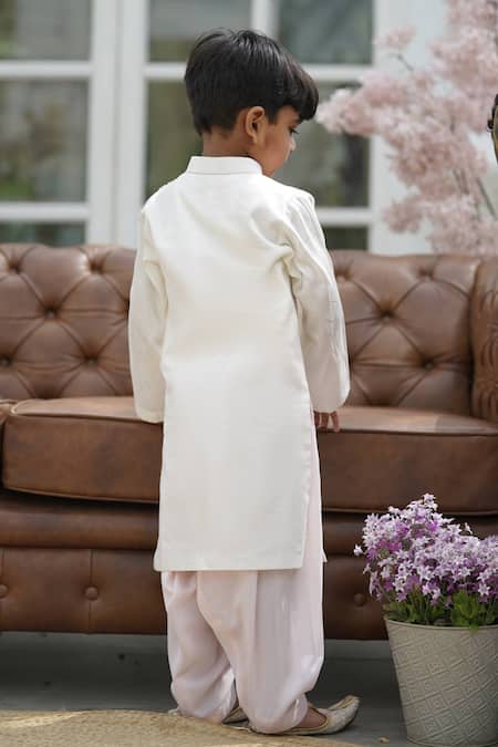 Shop_Fayon Kids_White Cotton, Silk Embroidery Kurta And Salwar Set _at_Aza_Fashions