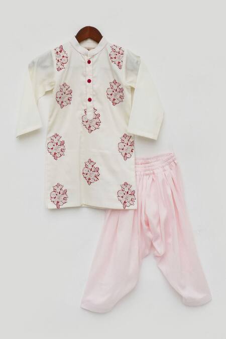 Fayon Kids_White Cotton, Silk Embroidery Kurta And Salwar Set _Online_at_Aza_Fashions