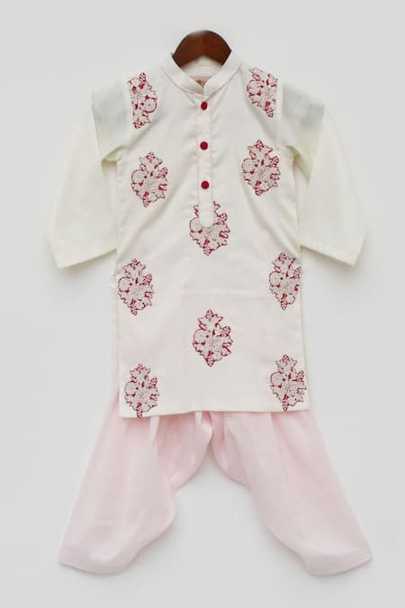 Buy_Fayon Kids_White Cotton, Silk Embroidery Kurta And Salwar Set _Online_at_Aza_Fashions