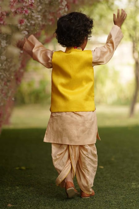 Shop_Fayon Kids_Yellow Cotton, Silk Gota Patti, Embroidery Bundi And Kurta Set _at_Aza_Fashions