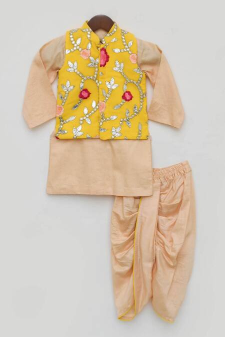 Fayon Kids_Yellow Cotton, Silk Gota Patti, Embroidery Bundi And Kurta Set _Online_at_Aza_Fashions