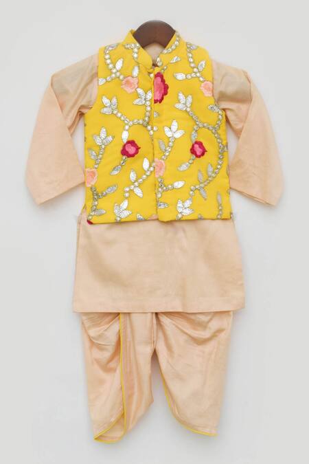 Buy_Fayon Kids_Yellow Cotton, Silk Gota Patti, Embroidery Bundi And Kurta Set _Online_at_Aza_Fashions
