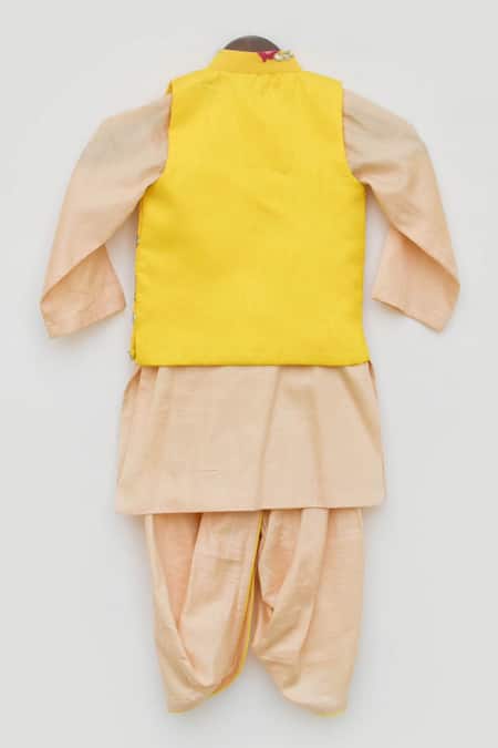Shop_Fayon Kids_Yellow Cotton, Silk Gota Patti, Embroidery Bundi And Kurta Set _Online_at_Aza_Fashions