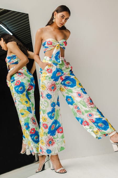 July Issue_Multi Color Satin Floral Motifs Sweetheart Neck Lisa High Waisted Pant Set_Online_at_Aza_Fashions