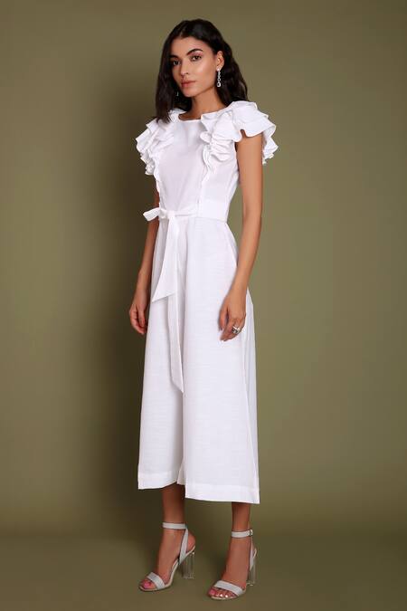 Daisydays.CO._White Modal Cotton Boat Semikraska Calf Length Jumpsuit _Online_at_Aza_Fashions
