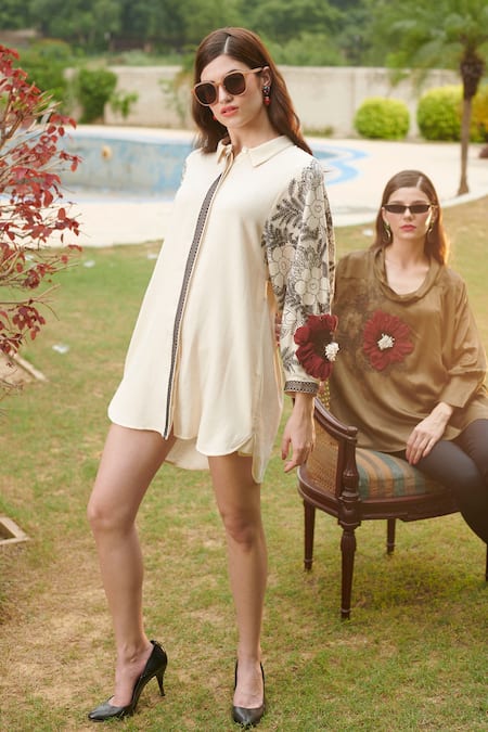 Shop Nika 1.0 White 100% Crepe Floral Motifs Band Collar Mimosa Shirt Dress at Aza Fashions Shop_Nika 1.0_White 100% Crepe Floral Motifs Band Collar Mimosa Shirt Dress _at_Aza_Fashions