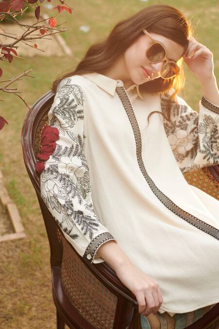 Nika 1.0 White 100% Crepe Floral Motifs Band Collar Mimosa Shirt Dress Online at Aza Fashions Nika 1.0_White 100% Crepe Floral Motifs Band Collar Mimosa Shirt Dress _Online_at_Aza_Fashions