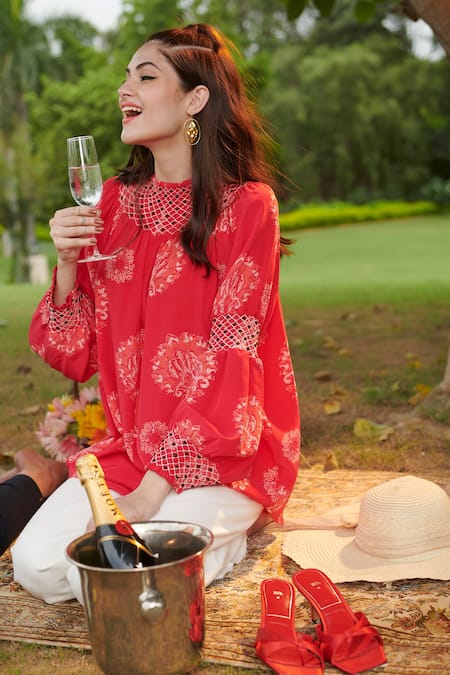 Shop_Nika 1.0_Red 100% Silk Floral Motifs Round Claret Print Top _at_Aza_Fashions