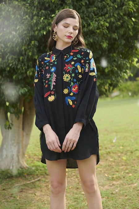 Shop Nika 1.0 Black 100% Cotton Floral Motifs Band Collar Thea Net Embroidered Dress at Aza Fashions Shop_Nika 1.0_Black 100% Cotton Floral Motifs Band Collar Thea Net Embroidered Dress _at_Aza_Fashions