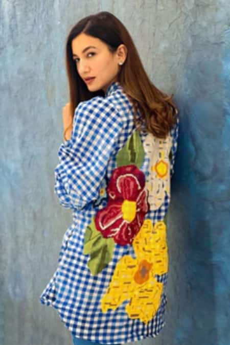 Nika 1.0_Blue 100% Cotton Checkered Band Collar Layla Shirt Dress _Online_at_Aza_Fashions