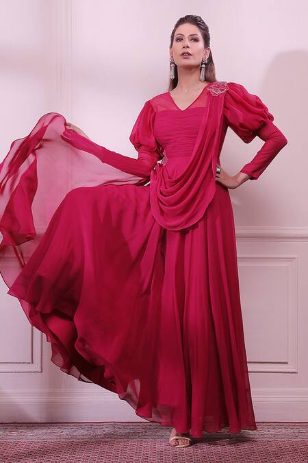 ISHA GUPTA TAYAL_Pink Georgette And Organza Cutdana, Dabka, Zardozi V Ruched Yoke Draped Jumpsuit _Online_at_Aza_Fashions