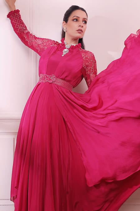 ISHA GUPTA TAYAL_Pink Crepe, Tussar Silk Cutdana, Dabka, Zardozi Embroidered Layered Anarkali _Online_at_Aza_Fashions