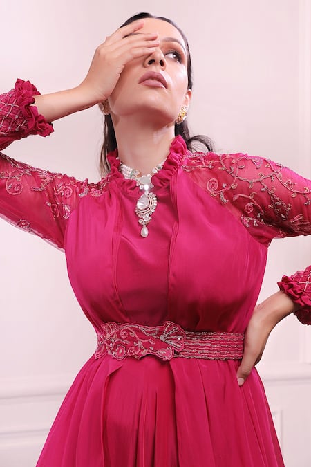Buy_ISHA GUPTA TAYAL_Pink Crepe, Tussar Silk Cutdana, Dabka, Zardozi Embroidered Layered Anarkali _Online_at_Aza_Fashions