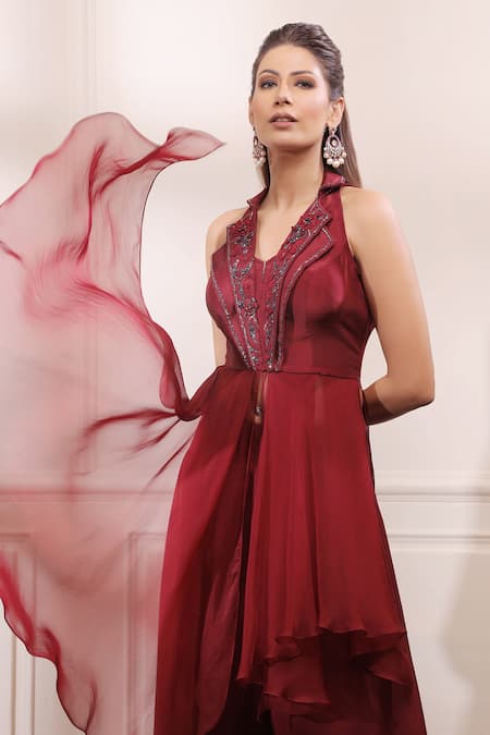 Buy_ISHA GUPTA TAYAL_Red Silk, Organza Cutdana, Dabka, Zardozi Asymmetric Kurta And Sharara Set _Online_at_Aza_Fashions