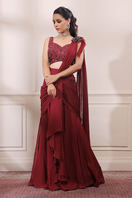 ISHA GUPTA TAYAL_Red Silk, Georgette Cutdana, Dabka, Zardozi Pre-draped Saree With Blouse _Online_at_Aza_Fashions