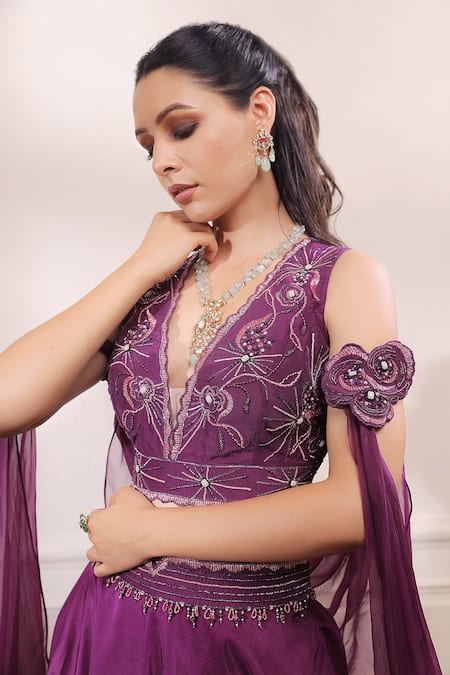 ISHA GUPTA TAYAL_Purple Silk, Organza Cutdana, Dabka, Zardozi Plunge V Multi Panelled Lehenga Set _Online_at_Aza_Fashions
