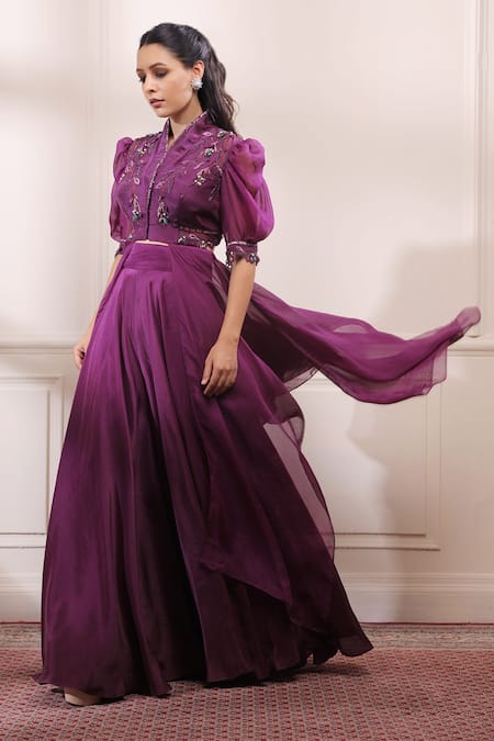 ISHA GUPTA TAYAL_Purple Silk, Organza Cutdana, Dabka, Zardozi V Neck Draped Kurta And Sharara Set _Online_at_Aza_Fashions