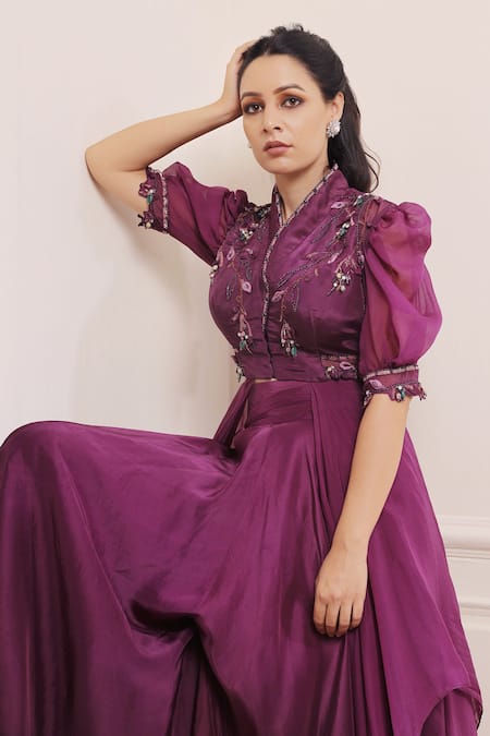 Buy_ISHA GUPTA TAYAL_Purple Silk, Organza Cutdana, Dabka, Zardozi V Neck Draped Kurta And Sharara Set _Online_at_Aza_Fashions