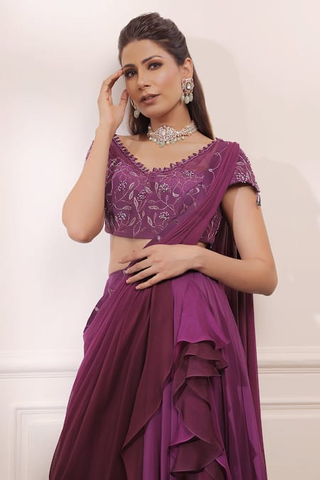 ISHA GUPTA TAYAL_Purple Silk, Organza, Georgette Cutdana, Dabka, Draped Lehenga Saree With Blouse _Online_at_Aza_Fashions