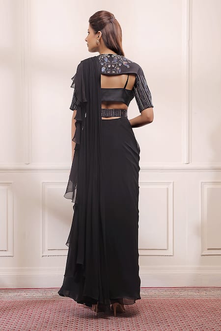Isha Gupta Tayal_Black Silk, Satin, Georgette And Organza Ruffle Pre-draped Saree Set With Cape _Online_at_Aza_Fashions