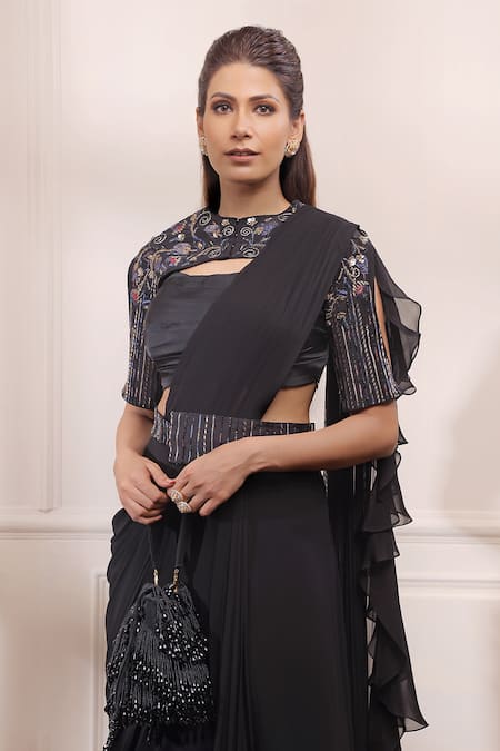Buy_Isha Gupta Tayal_Black Silk, Satin, Georgette And Organza Ruffle Pre-draped Saree Set With Cape _Online_at_Aza_Fashions