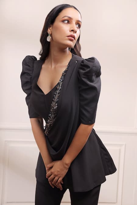 Buy_ISHA GUPTA TAYAL_Black Crepe Lycra V Neck Draped Peplum Top And Pant Set _Online_at_Aza_Fashions