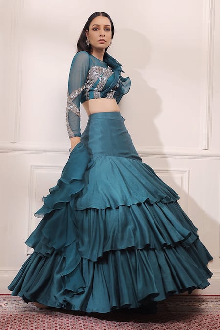 ISHA GUPTA TAYAL_Green Silk, Organza, Tulle Cutdana, Dabka, Zardozi Multi Layered Lehenga Set _Online_at_Aza_Fashions