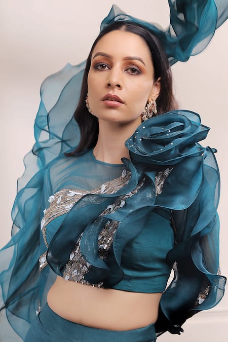 Buy_ISHA GUPTA TAYAL_Green Silk, Organza, Tulle Cutdana, Dabka, Zardozi Multi Layered Lehenga Set _Online_at_Aza_Fashions