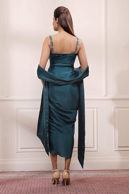 Shop_ISHA GUPTA TAYAL_Green Pure Satin Cutdana, Dabka, Zardozi Sweetheart Neck Draped Dress With Stole _at_Aza_Fashions