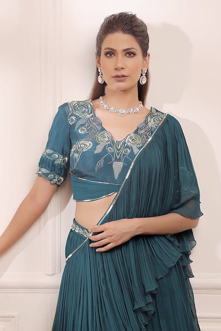 ISHA GUPTA TAYAL_Green Georgette And Silk Cutdana, Dabka, Layered Lehenga Set With Draped Dupatta _Online_at_Aza_Fashions