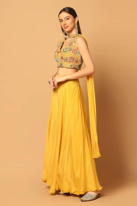 Buy_Two Sisters By Gyans_Yellow Crepe Embroidery, Sequins V-neck And Dori Blouse Palazzo Set _Online_at_Aza_Fashions