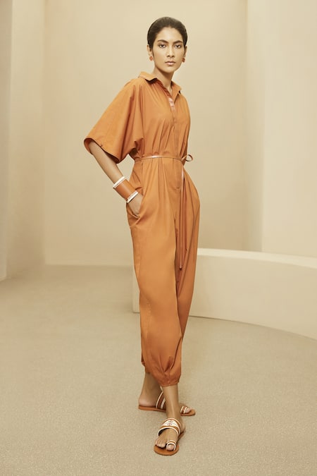 Ampm_Brown Faya Cotton Jumpsuit_Online_at_Aza_Fashions