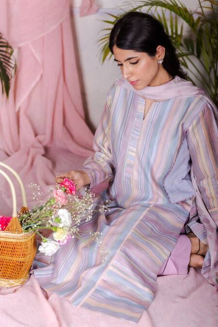 Beige_Blue Cotton, Chanderi Bead Work, Striped, Block Printed V Neck Kurta Set_Online_at_Aza_Fashions