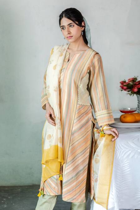 Beige_Yellow Cotton, Chanderi Bead Work, Striped, Block Printed V Neck Kurta Set_Online_at_Aza_Fashions
